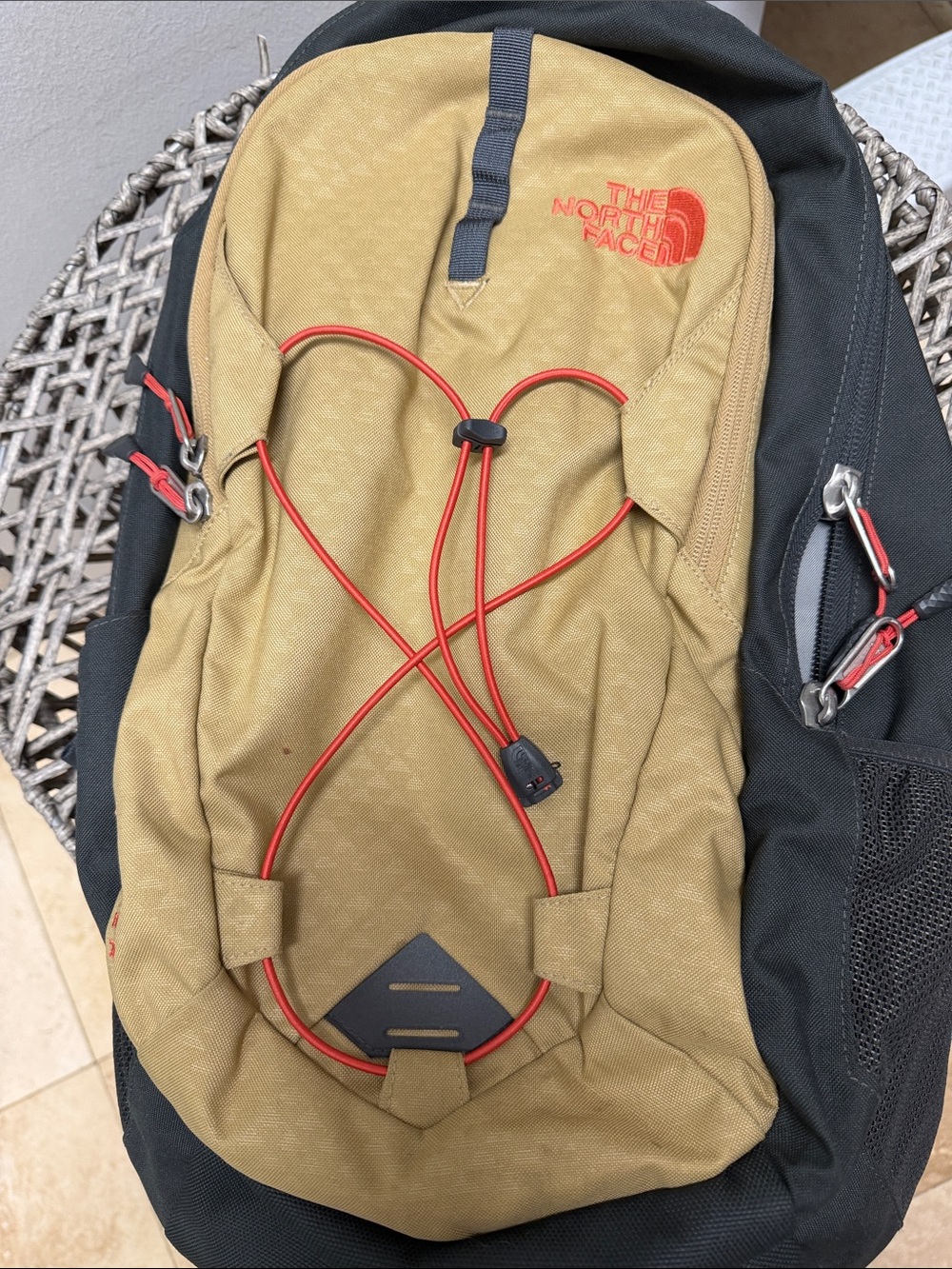 The North Face khaki & dark grey Backpack with coral Accent Cord